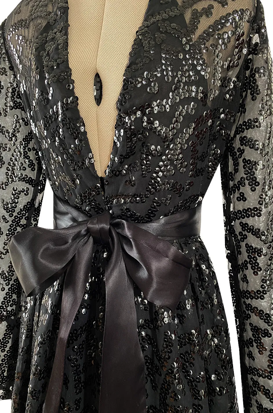 Fall 1974 Bill Blass Glossy Black Sequin & Silk Chiffon Dress w Feather Hem