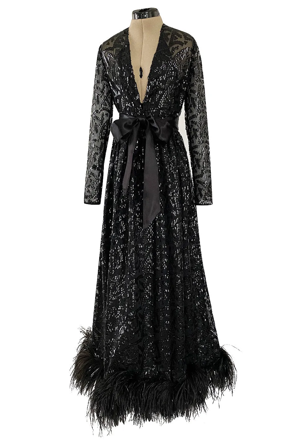 Fall 1974 Bill Blass Glossy Black Sequin & Silk Chiffon Dress w Feather Hem