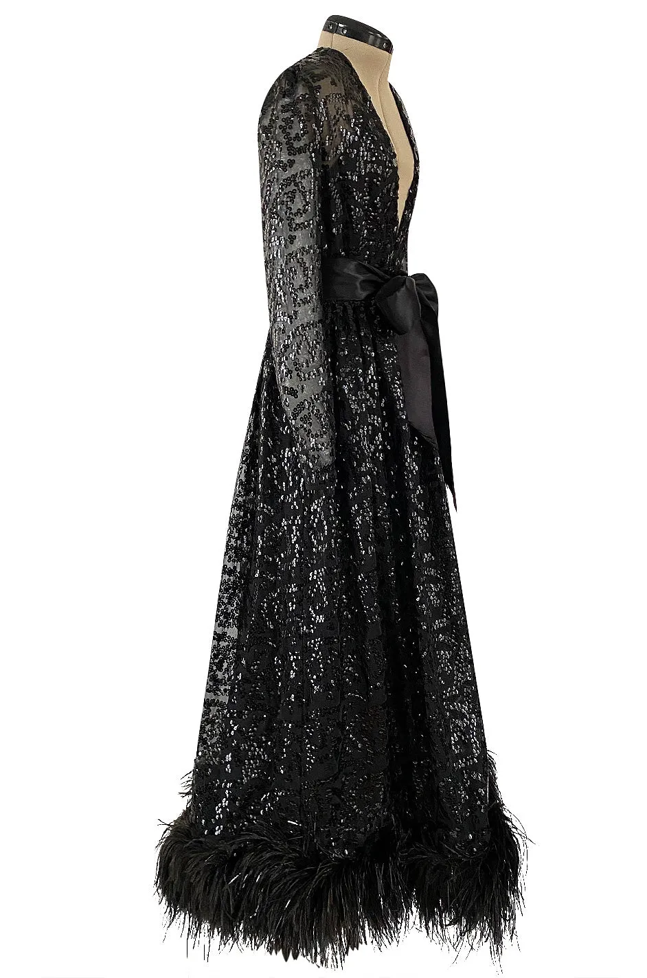 Fall 1974 Bill Blass Glossy Black Sequin & Silk Chiffon Dress w Feather Hem
