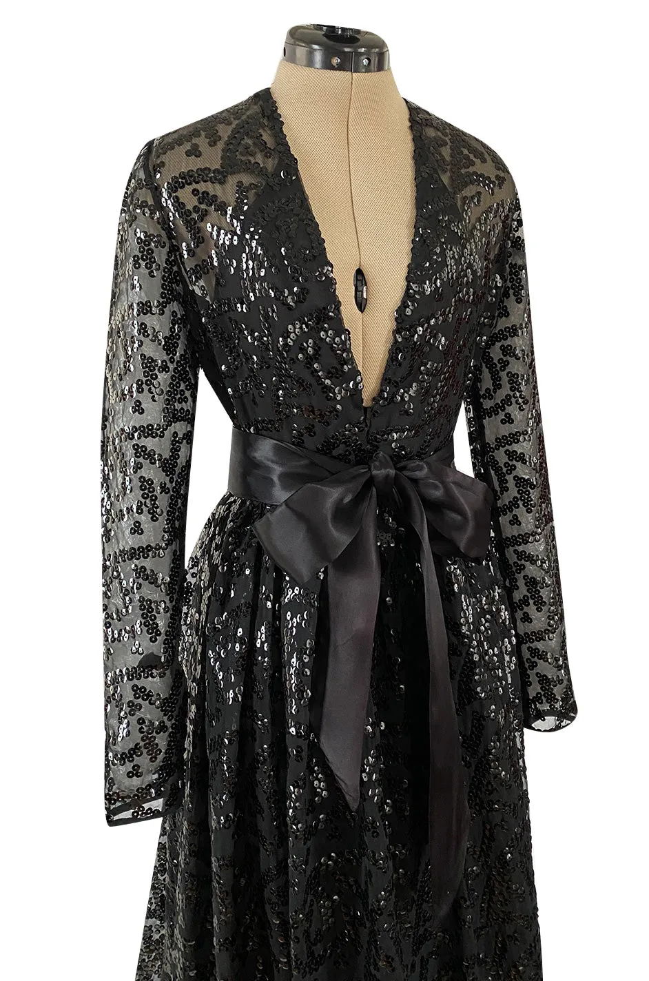 Fall 1974 Bill Blass Glossy Black Sequin & Silk Chiffon Dress w Feather Hem
