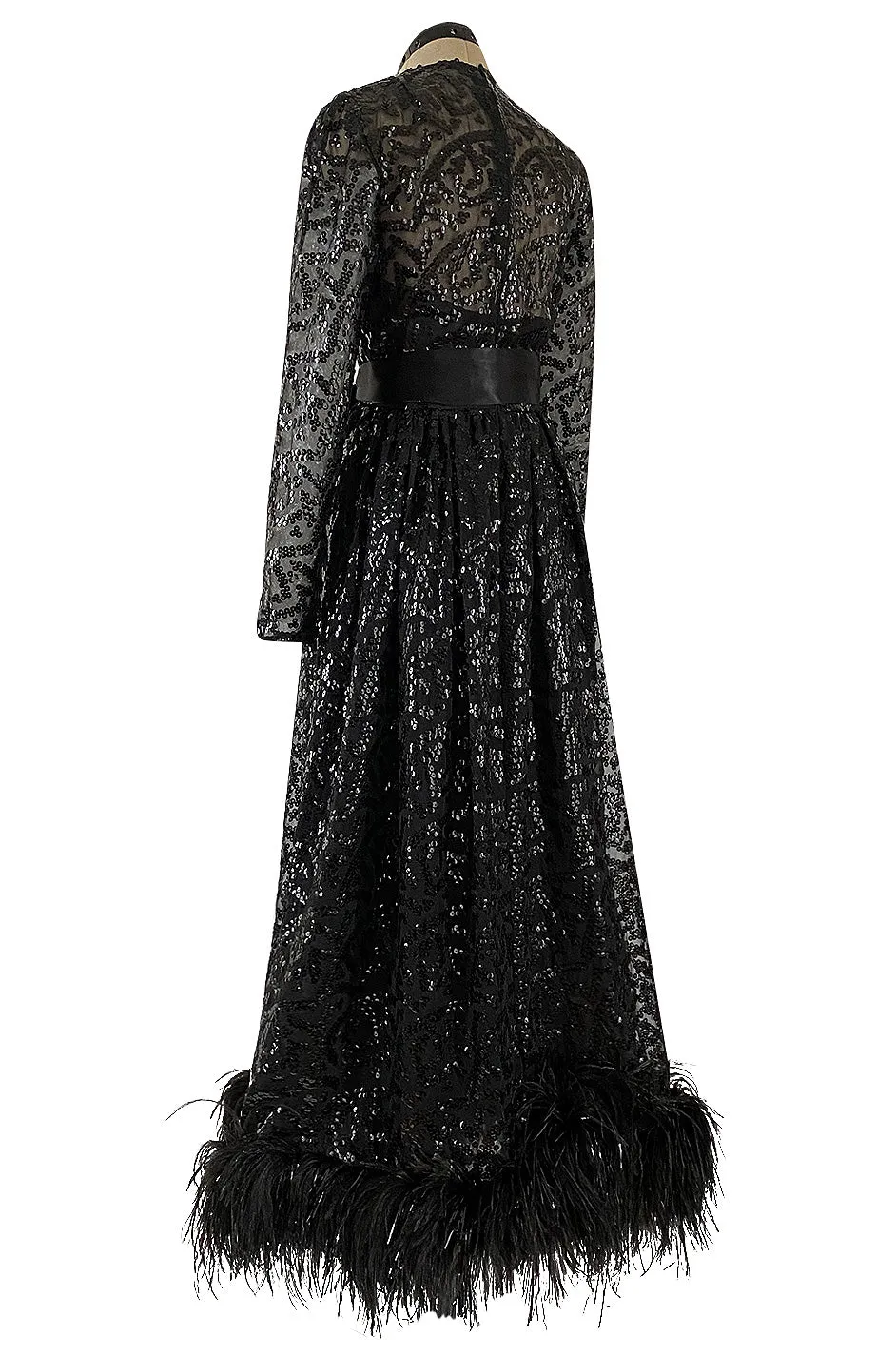 Fall 1974 Bill Blass Glossy Black Sequin & Silk Chiffon Dress w Feather Hem