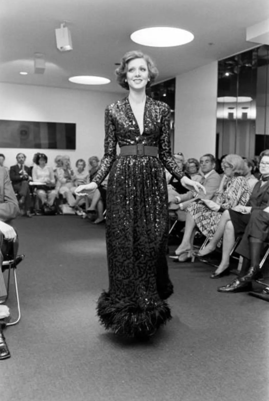 Fall 1974 Bill Blass Glossy Black Sequin & Silk Chiffon Dress w Feather Hem