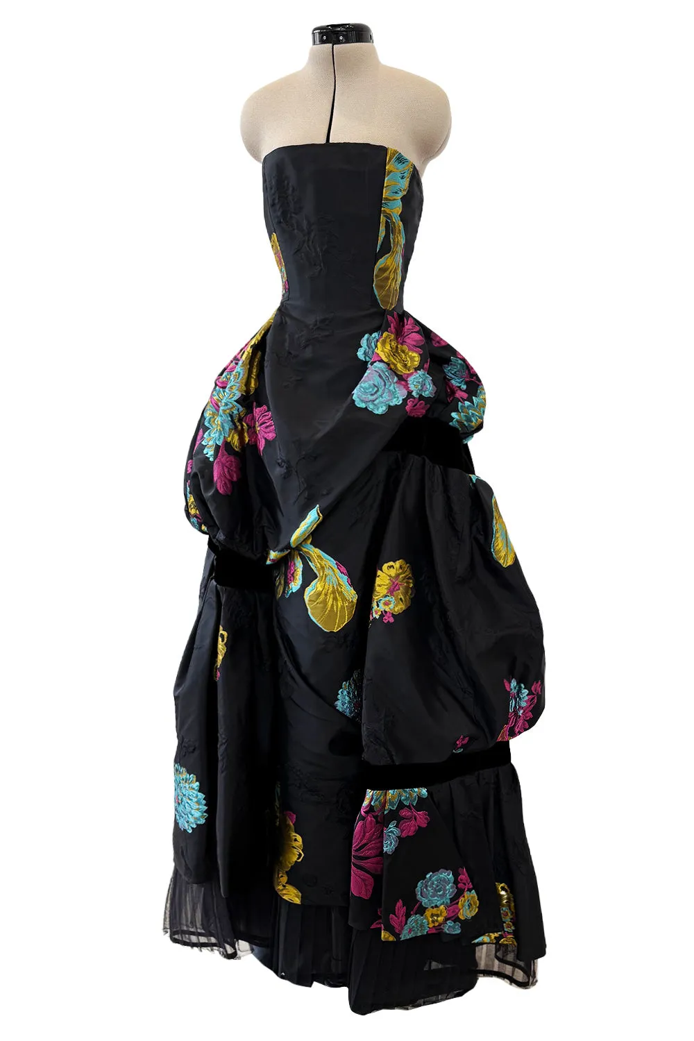 Fall 1999 Christian Lacroix Runway Strapless Floral Silk Brocade Dress