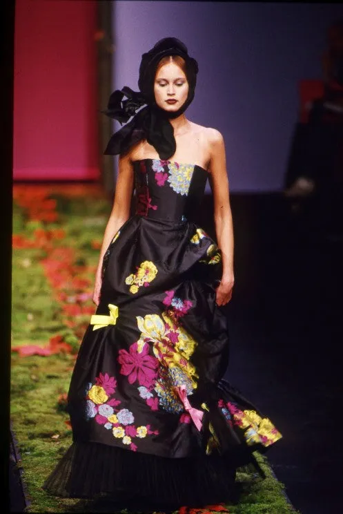 Fall 1999 Christian Lacroix Runway Strapless Floral Silk Brocade Dress
