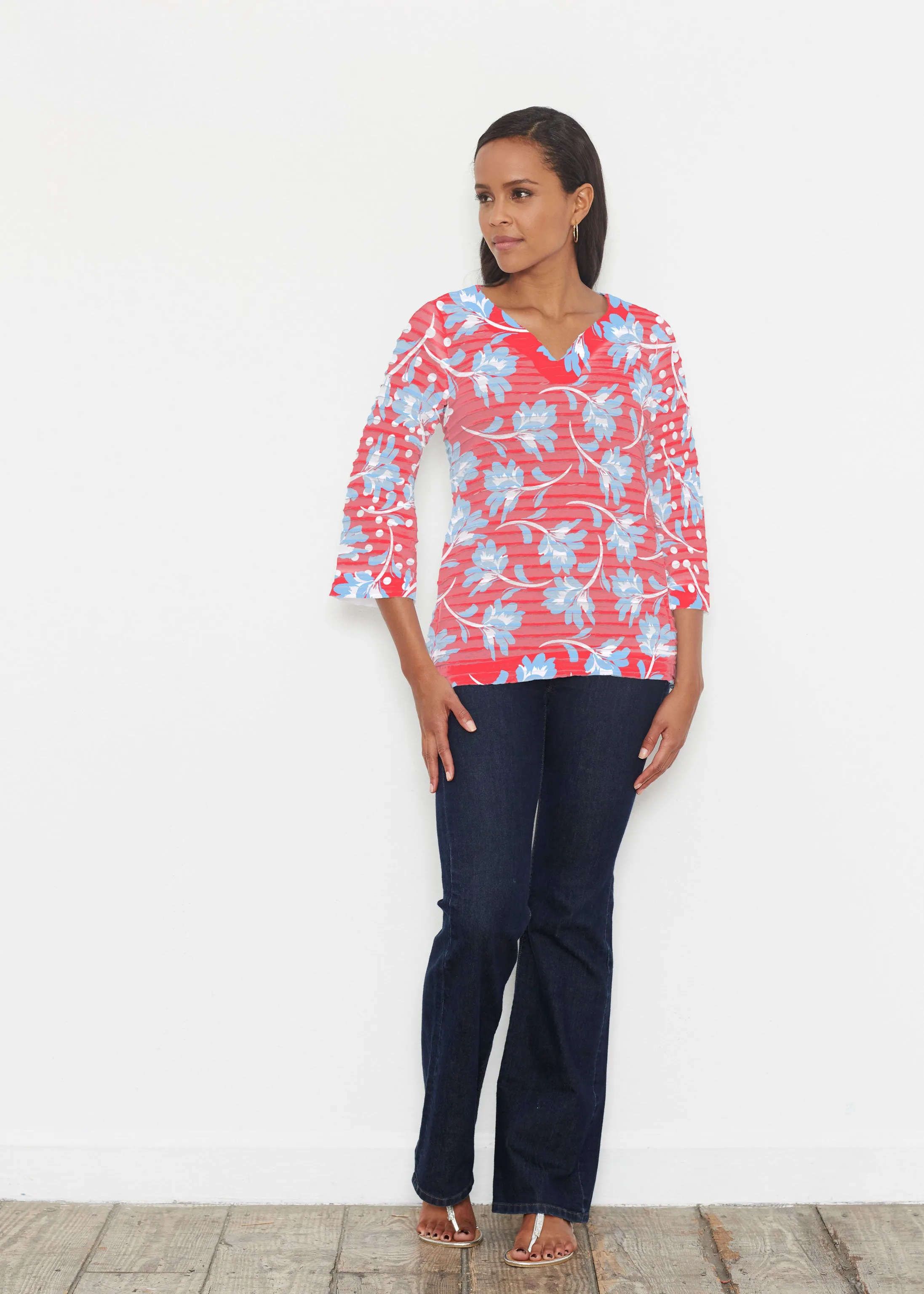 Floral Dot Fourth (8006) ~ Banded 3/4 Bell-Sleeve V-Neck Tunic