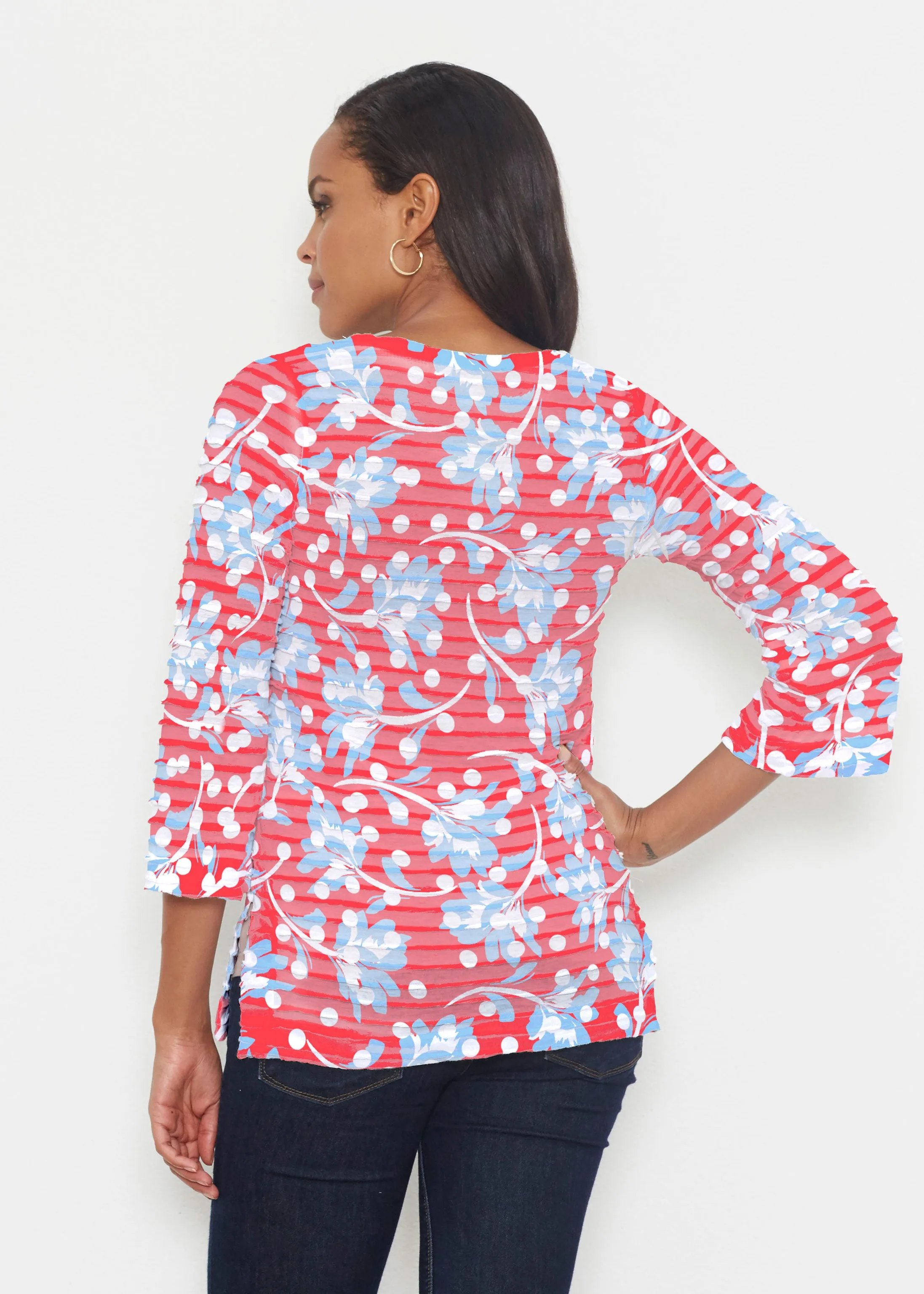 Floral Dot Fourth (8006) ~ Banded 3/4 Bell-Sleeve V-Neck Tunic