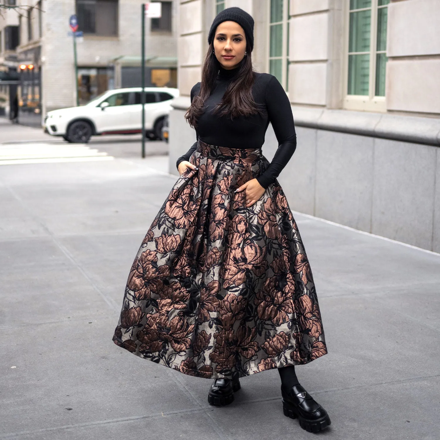 Floral Midi Skirt in Cherry Red & Blue