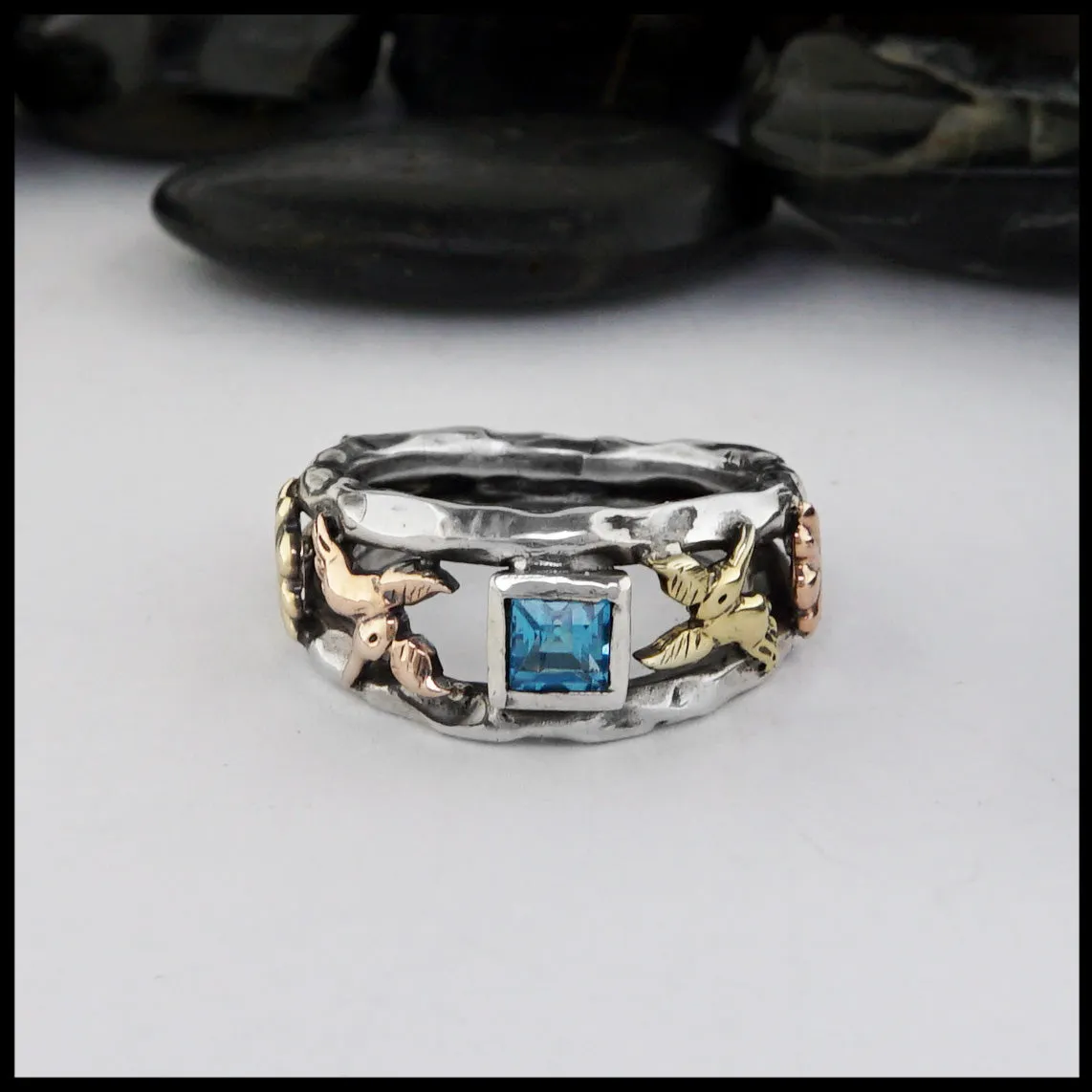 Flower Hummingbird Ring with Blue Topaz