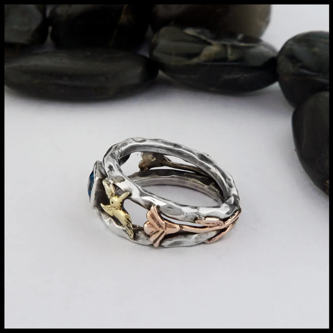 Flower Hummingbird Ring with Blue Topaz