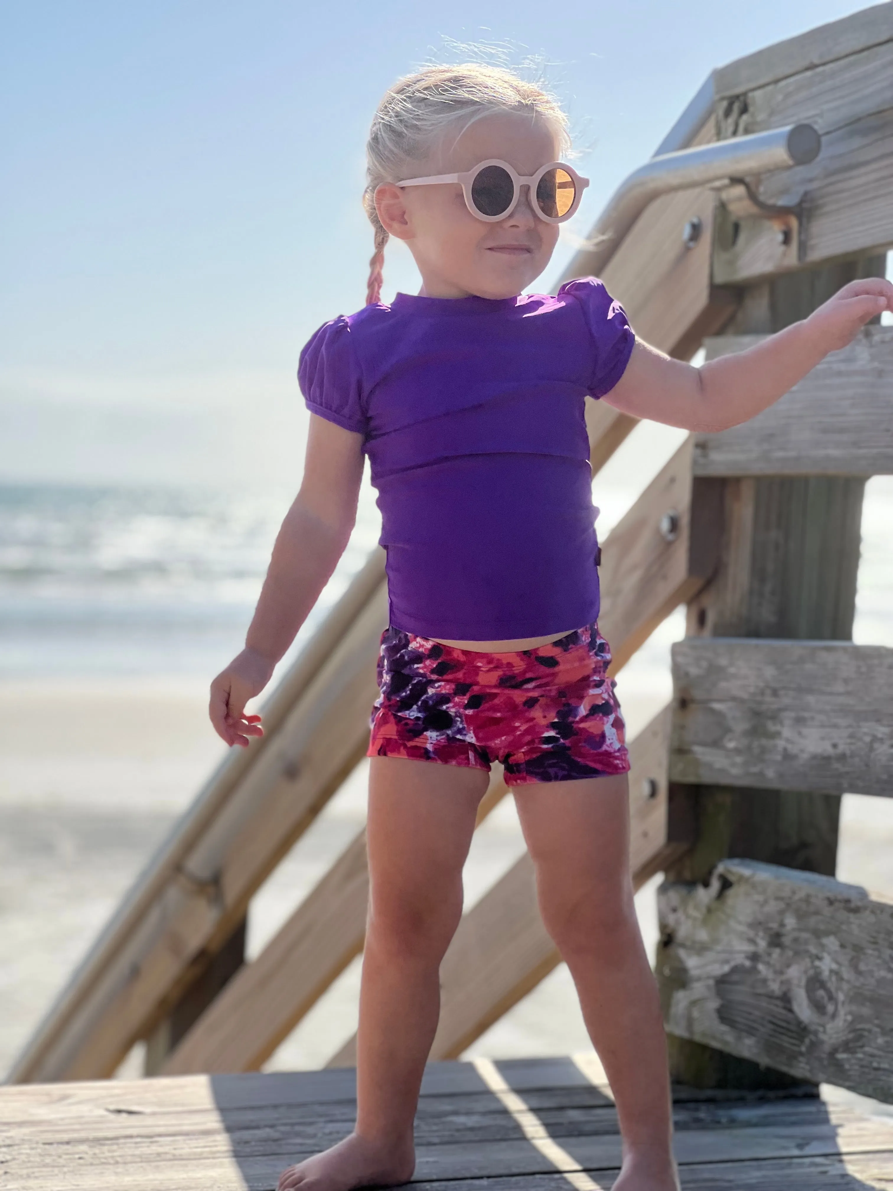 Girls UPF 50  Printed Swim Boy Shorts  | Marine Navy w- White Stripes