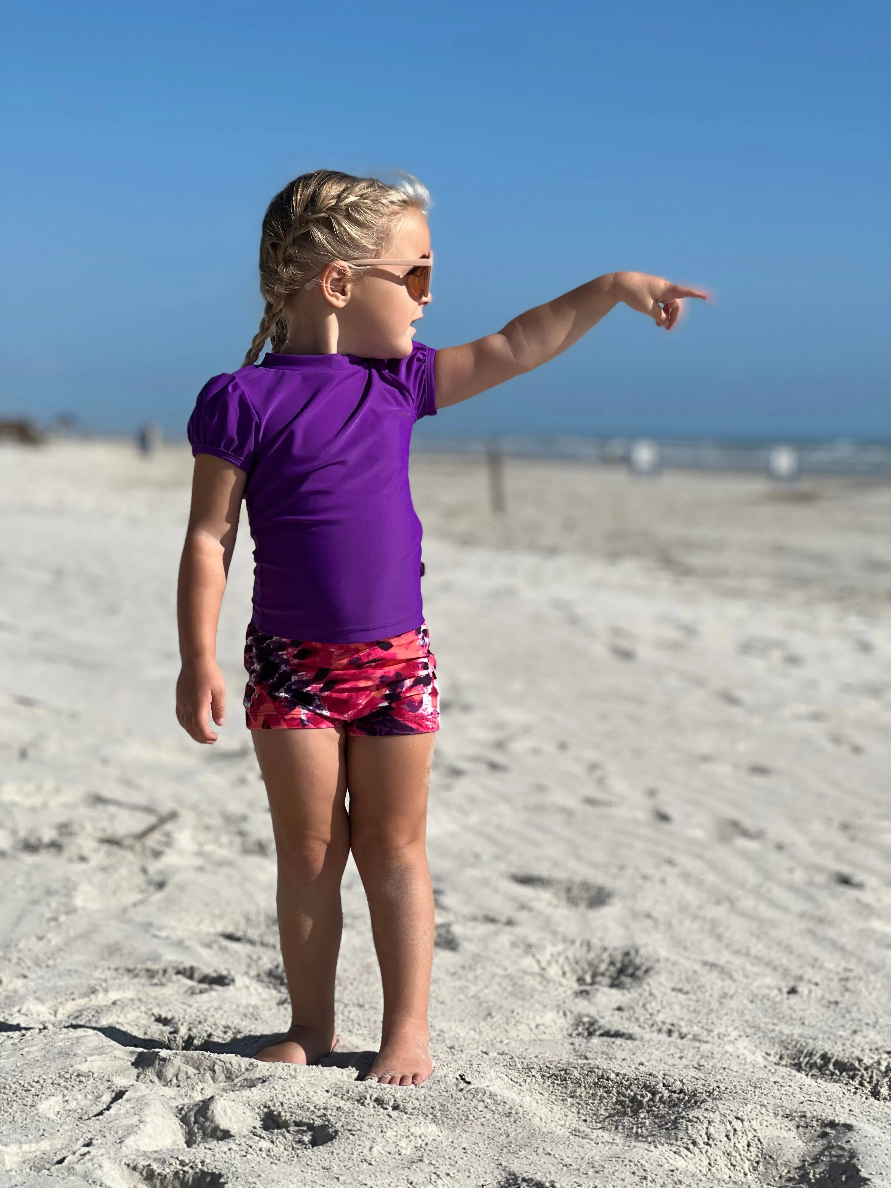 Girls UPF 50  Printed Swim Boy Shorts  | Marine Navy w- White Stripes