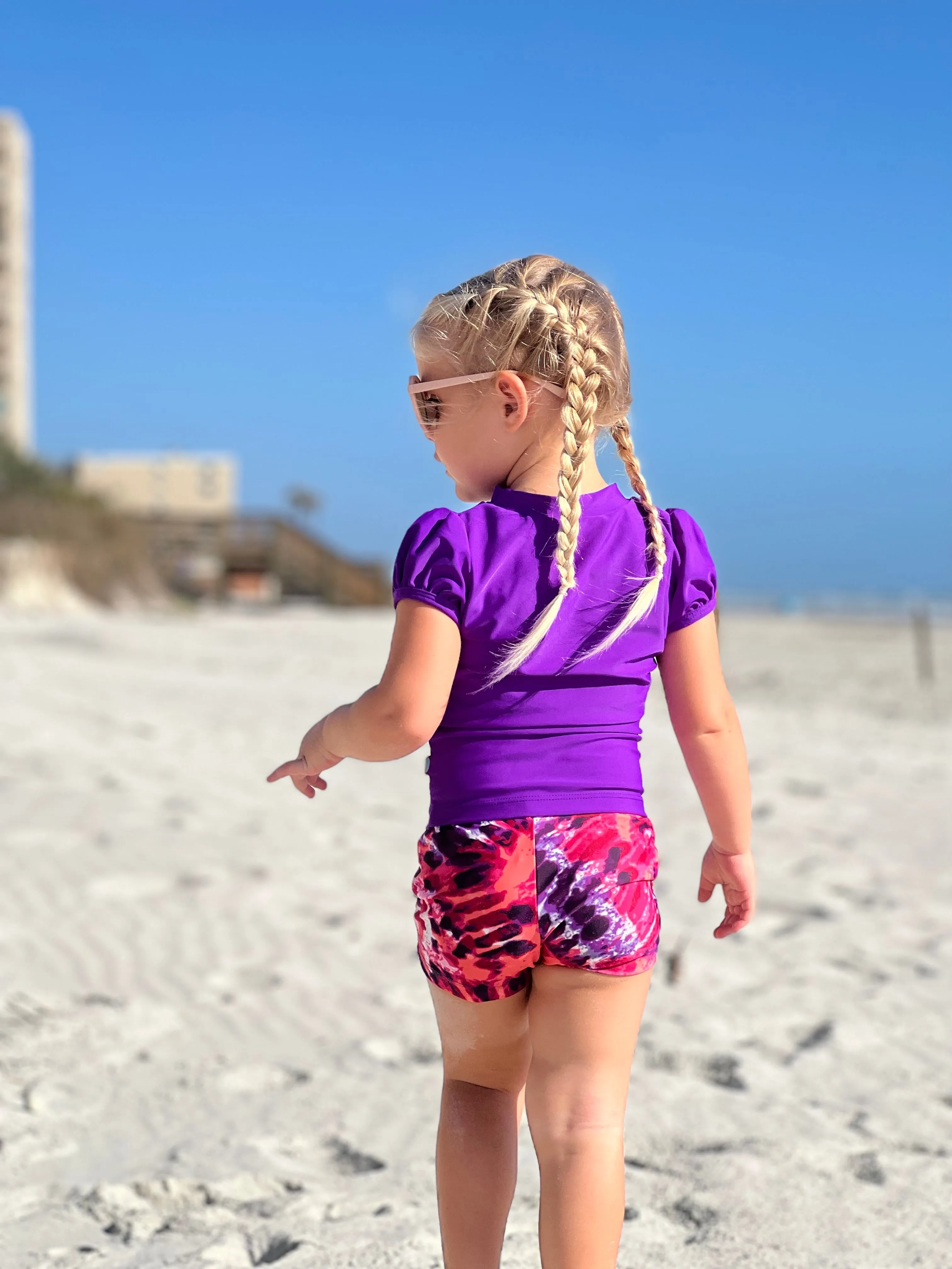 Girls UPF 50  Printed Swim Boy Shorts  | Marine Navy w- White Stripes