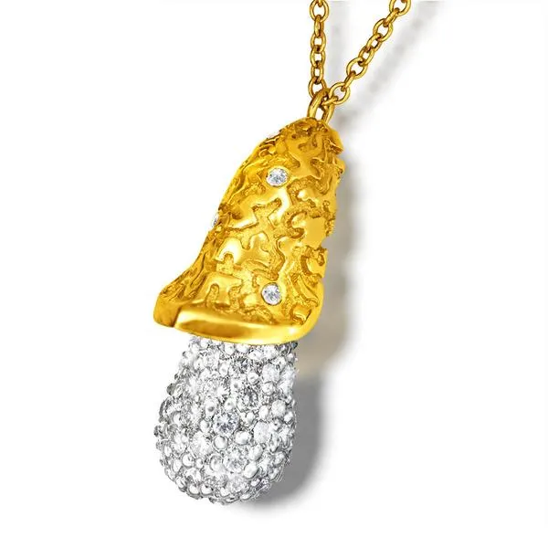 Gold Acorn Pendant with  White Diamonds On Chain