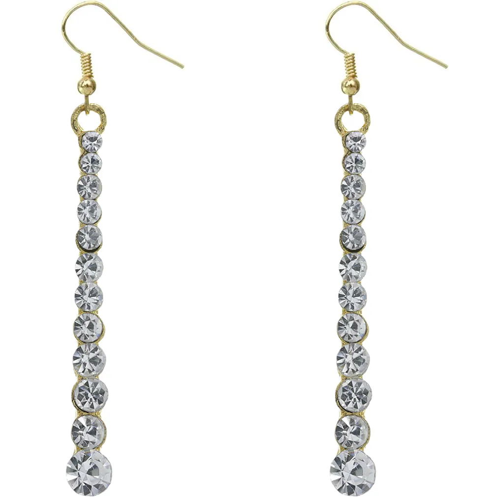 Gold Rhinestone Thin Flat Vertical Bar Earrings