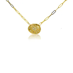 Gold Satin Finish Flush Set Diamond Disc Necklace
