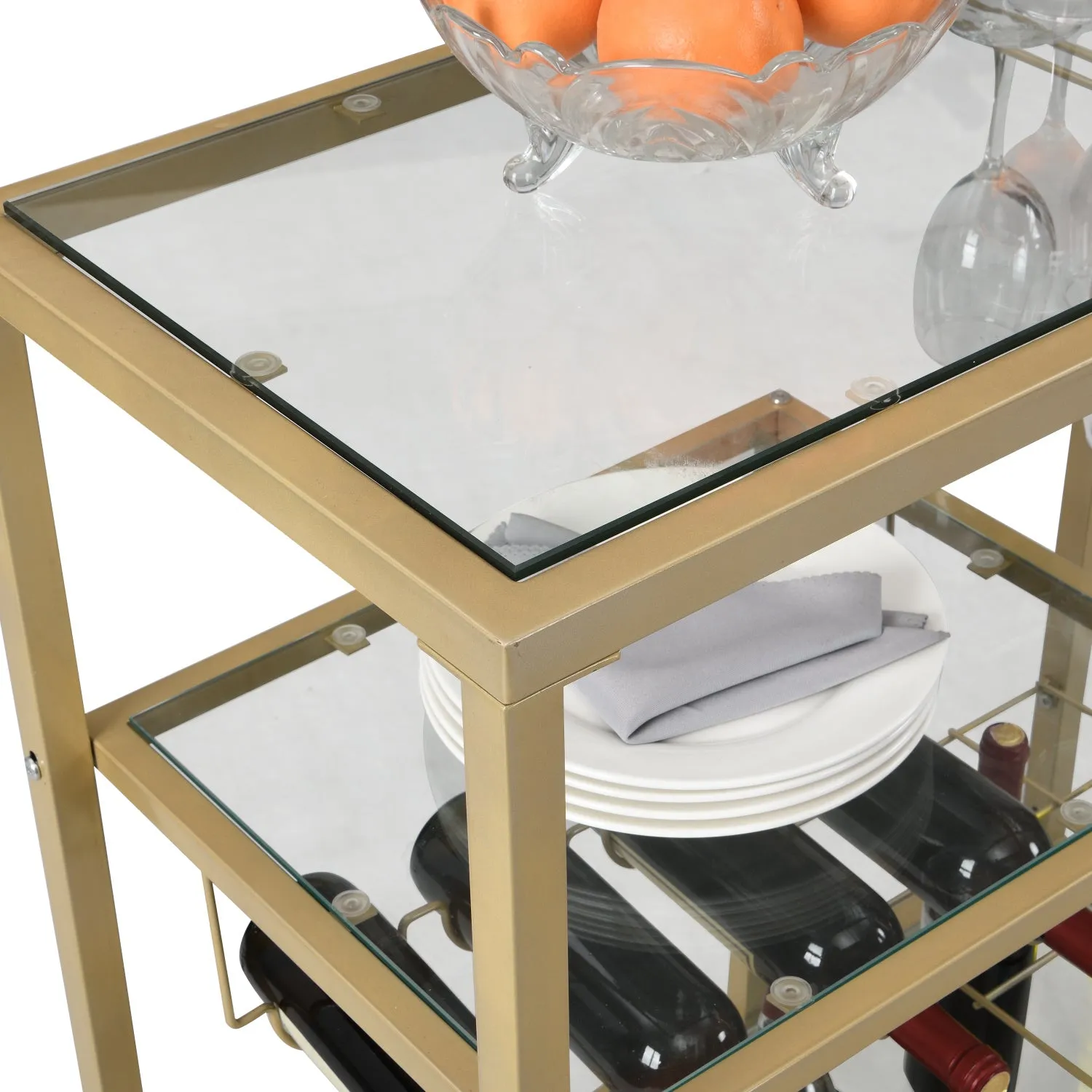 Golden Bar Serving Cart with Wine Rack and Glass Holder, 3-tier Shelves, Metal Frame and Temper Glass