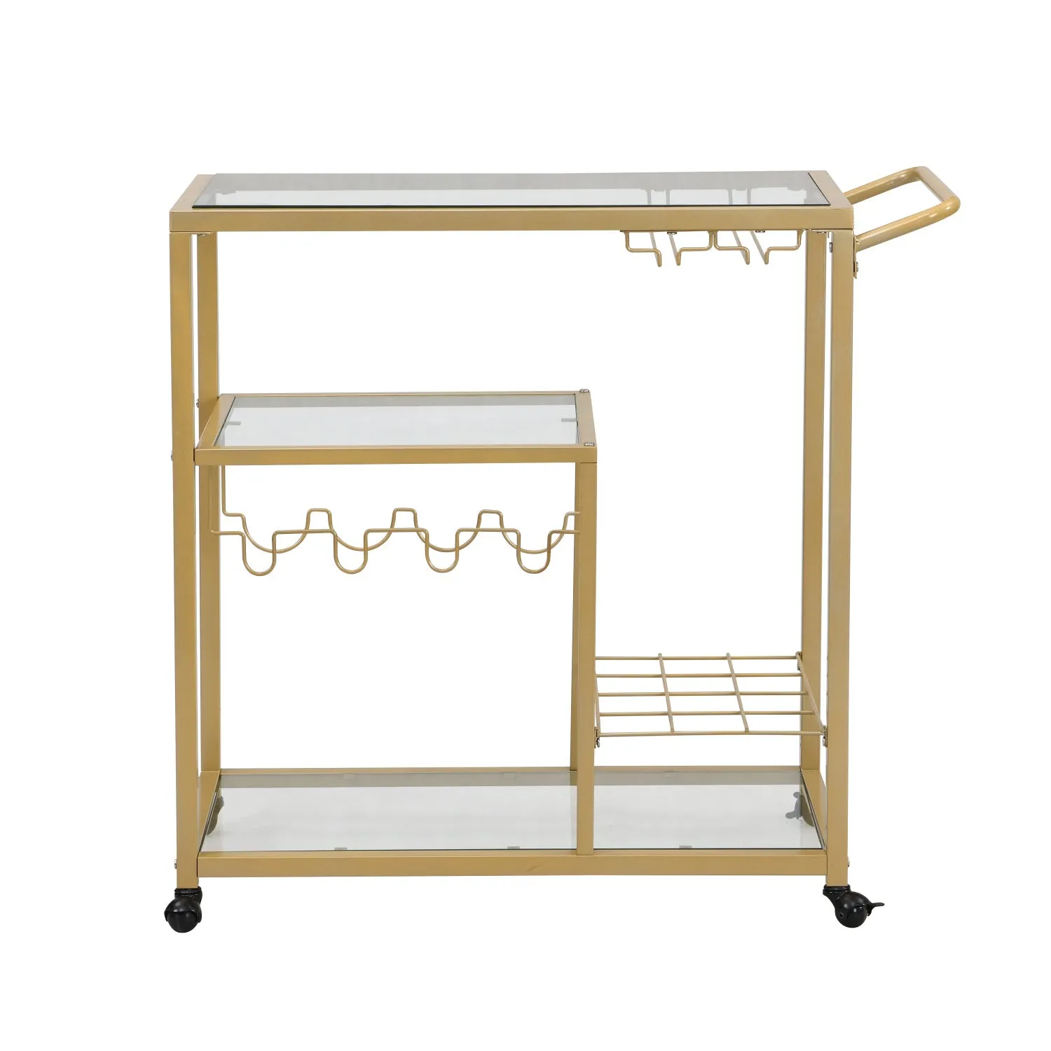 Golden Bar Serving Cart with Wine Rack and Glass Holder, 3-tier Shelves, Metal Frame and Temper Glass