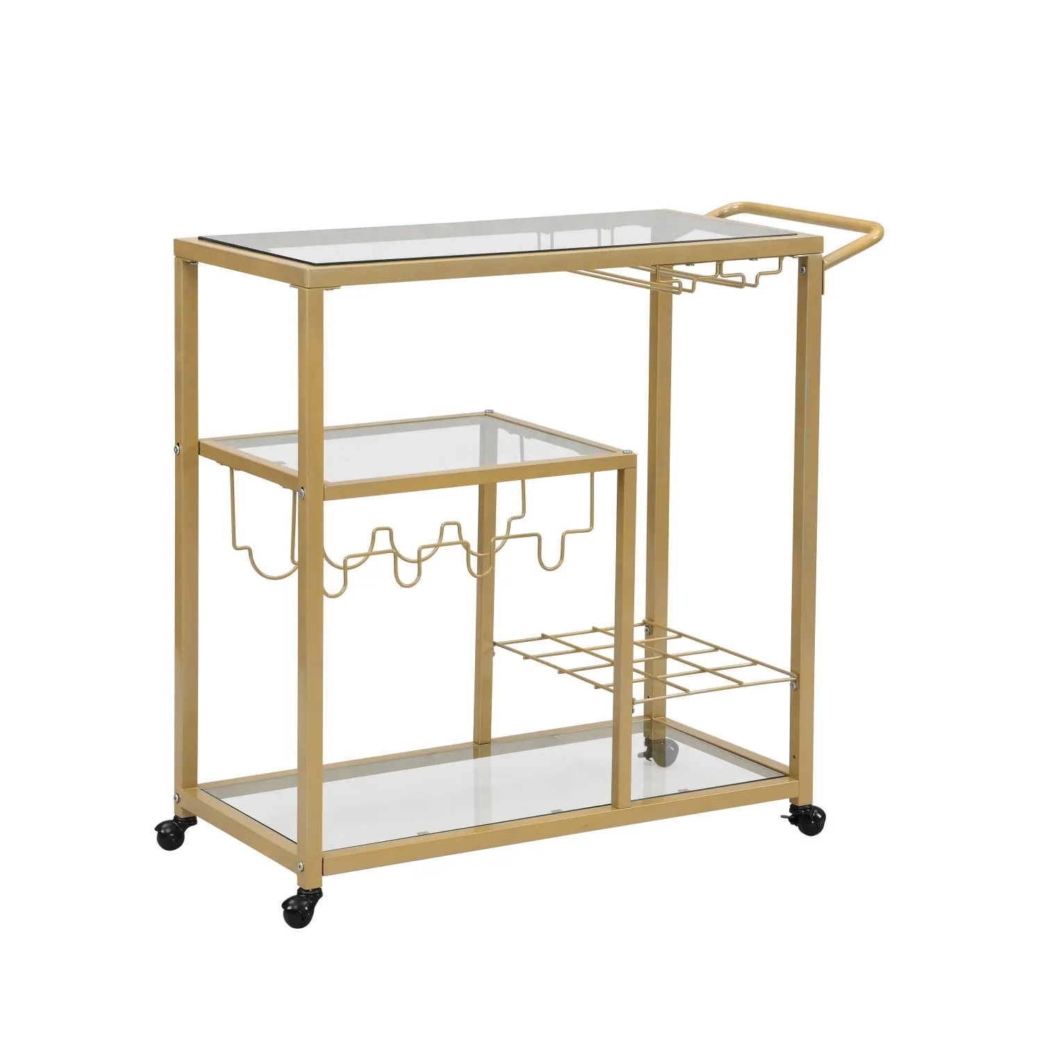 Golden Bar Serving Cart with Wine Rack and Glass Holder, 3-tier Shelves, Metal Frame and Temper Glass