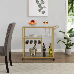 Golden Bar Serving Cart with Wine Rack and Glass Holder, 3-tier Shelves, Metal Frame and Temper Glass