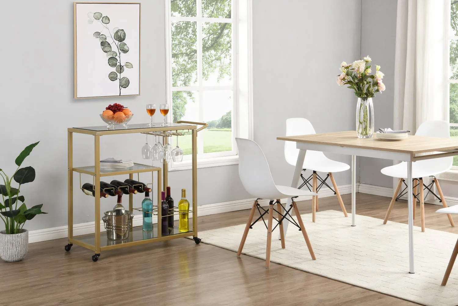 Golden Bar Serving Cart with Wine Rack and Glass Holder, 3-tier Shelves, Metal Frame and Temper Glass