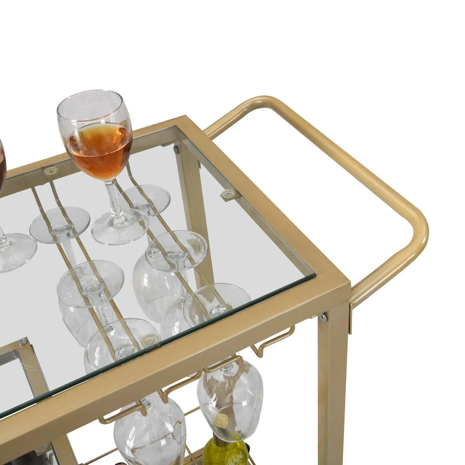 Golden Bar Serving Cart with Wine Rack and Glass Holder, 3-tier Shelves, Metal Frame and Temper Glass