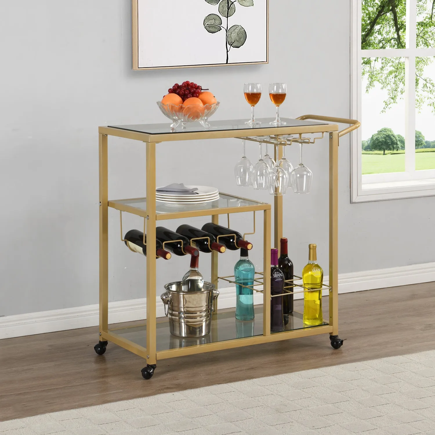Golden Bar Serving Cart with Wine Rack and Glass Holder, 3-tier Shelves, Metal Frame and Temper Glass