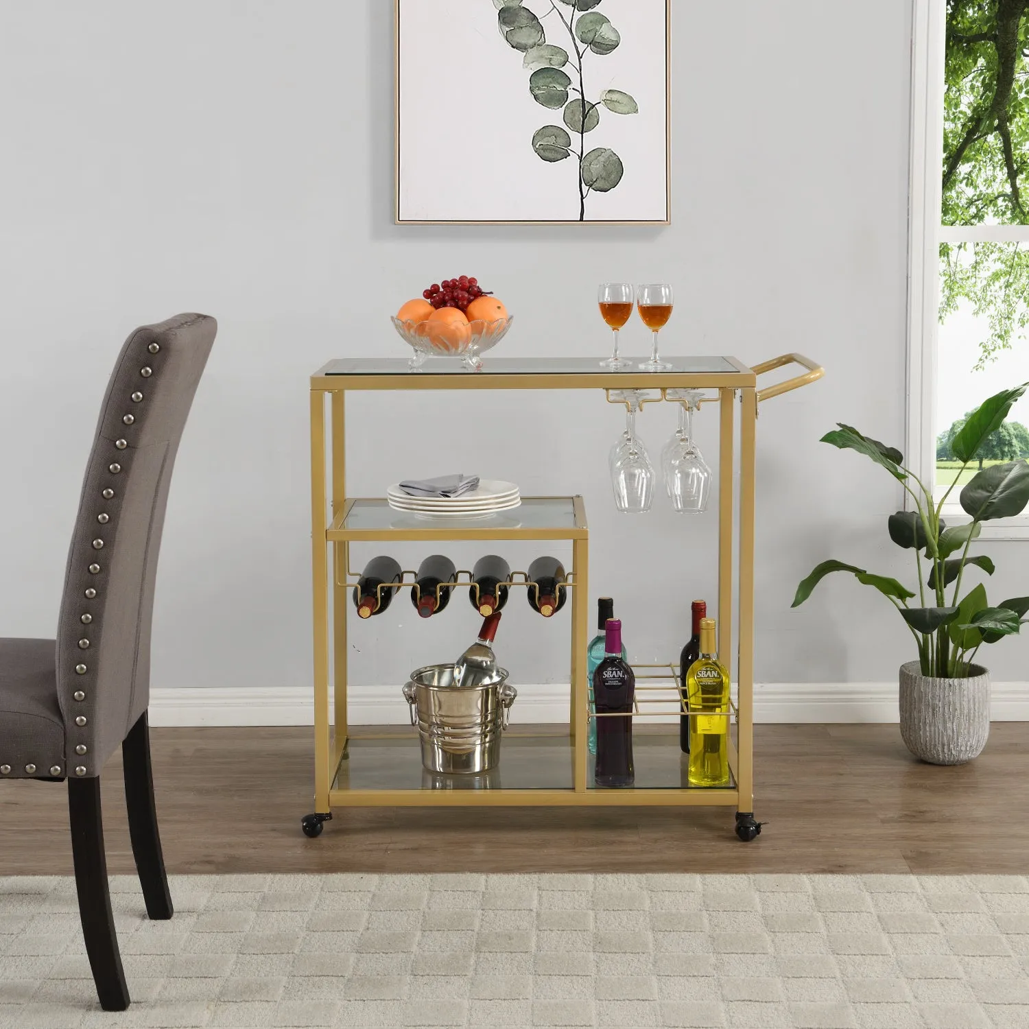 Golden Bar Serving Cart with Wine Rack and Glass Holder, 3-tier Shelves, Metal Frame and Temper Glass