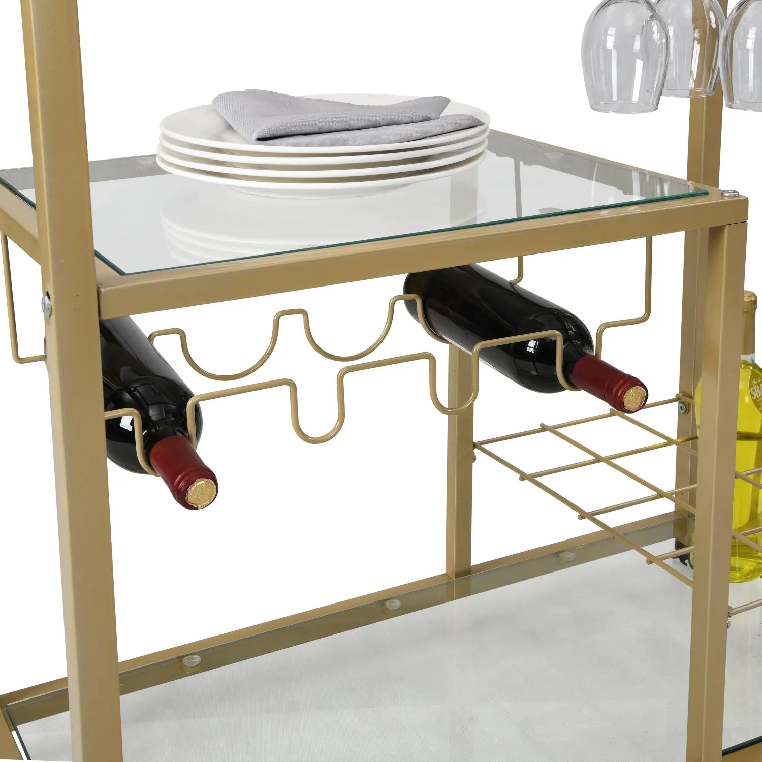 Golden Bar Serving Cart with Wine Rack and Glass Holder, 3-tier Shelves, Metal Frame and Temper Glass