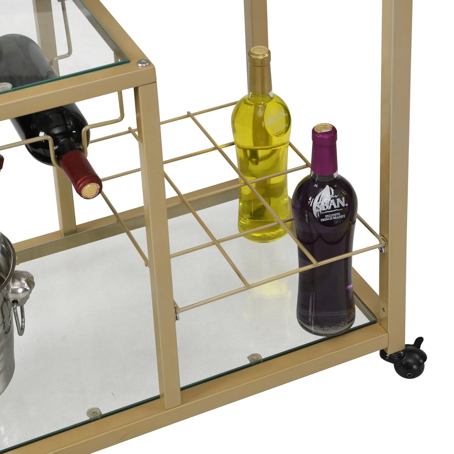 Golden Bar Serving Cart with Wine Rack and Glass Holder, 3-tier Shelves, Metal Frame and Temper Glass