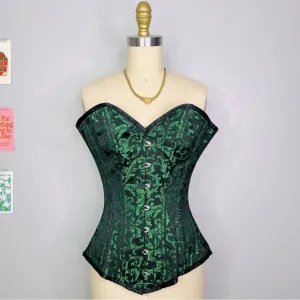 GREEN BROCADE PATTERN CORSET WITH HIP GORES sz 22 vintage goth