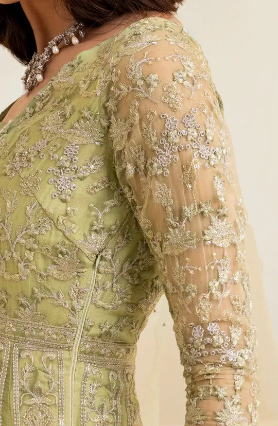 Green Pakistani Bridal Dress in Pishwas Frock Style
