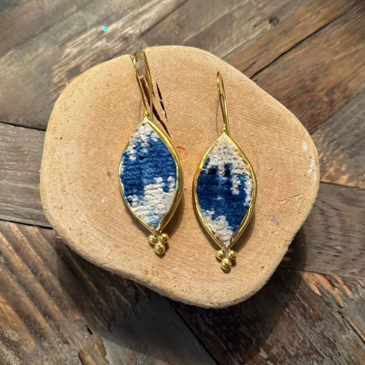 Hand Crafted Ottoman Vintage Textile Earrings - Oval Diamond