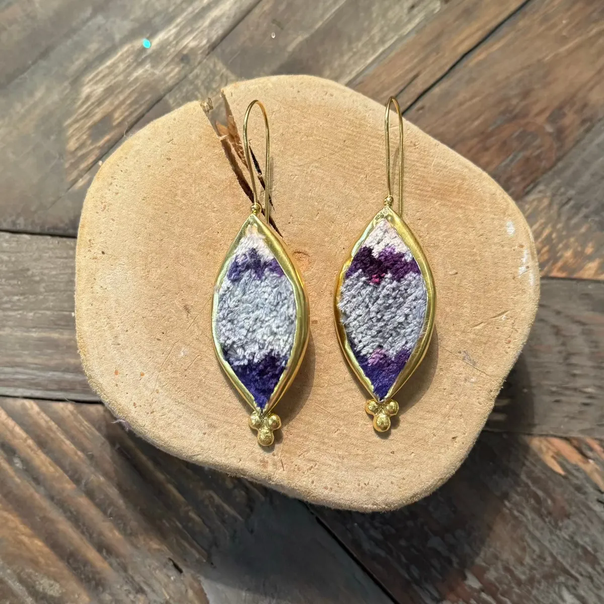 Hand Crafted Ottoman Vintage Textile Earrings - Oval Diamond