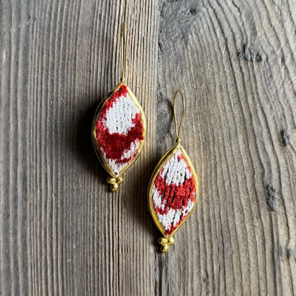 Hand Crafted Ottoman Vintage Textile Earrings - Pointed Oval