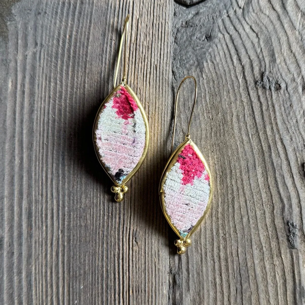 Hand Crafted Ottoman Vintage Textile Earrings - Pointed Oval