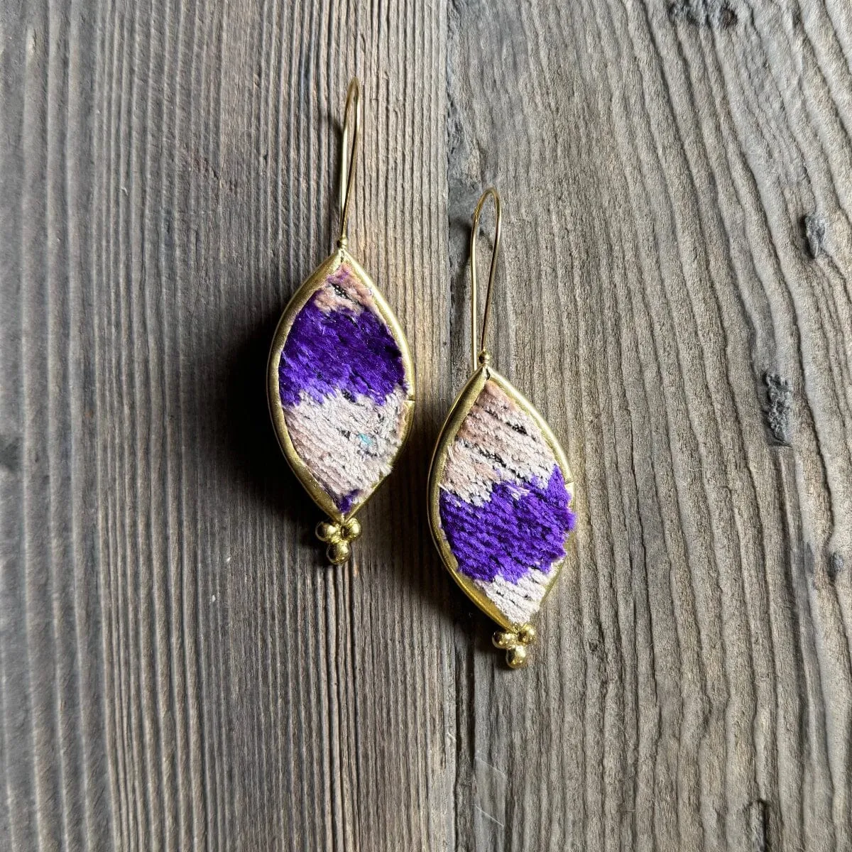 Hand Crafted Ottoman Vintage Textile Earrings - Pointed Oval