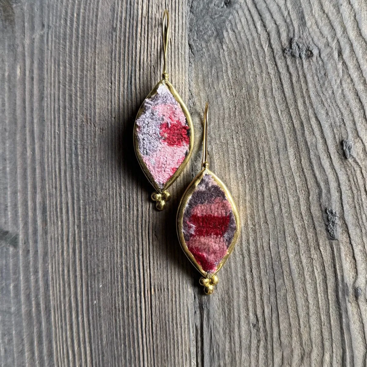 Hand Crafted Ottoman Vintage Textile Earrings - Pointed Oval