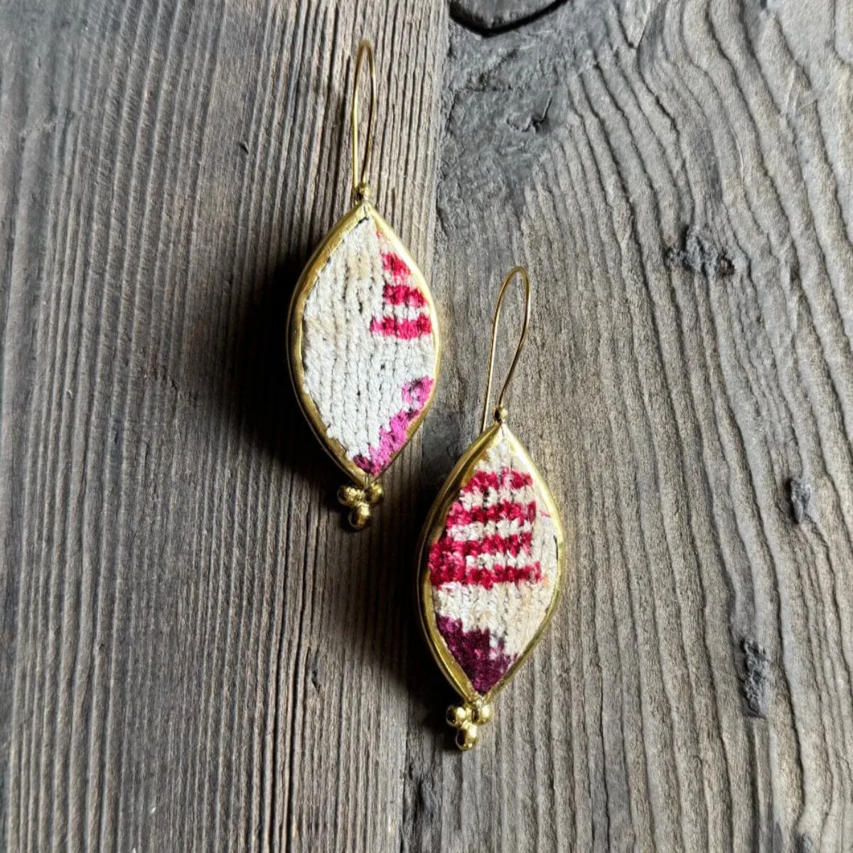 Hand Crafted Ottoman Vintage Textile Earrings - Pointed Oval