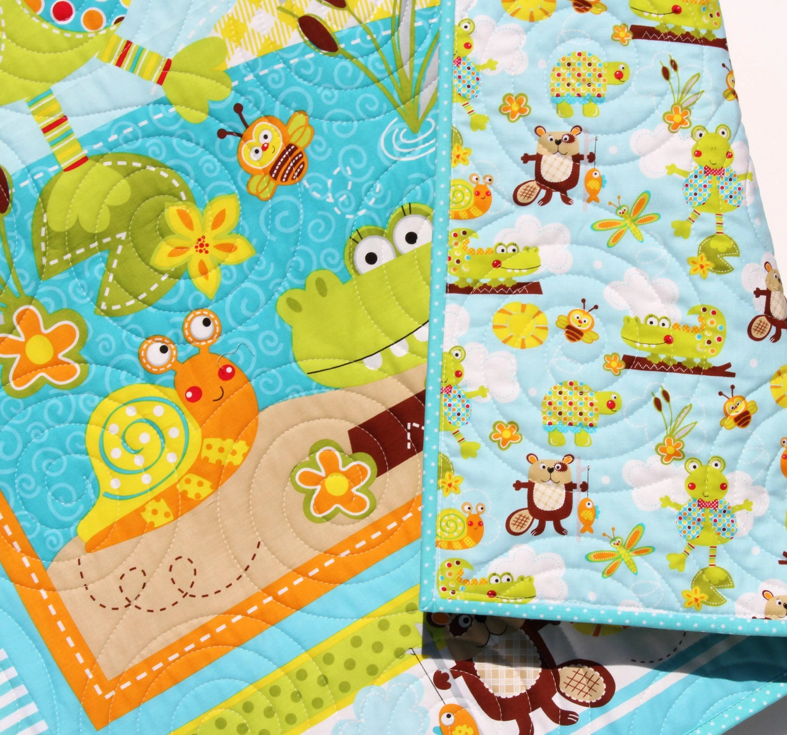 Homemade Baby Quilts, Stroller Blanket, Cute Animals, Frog Beaver Alligator