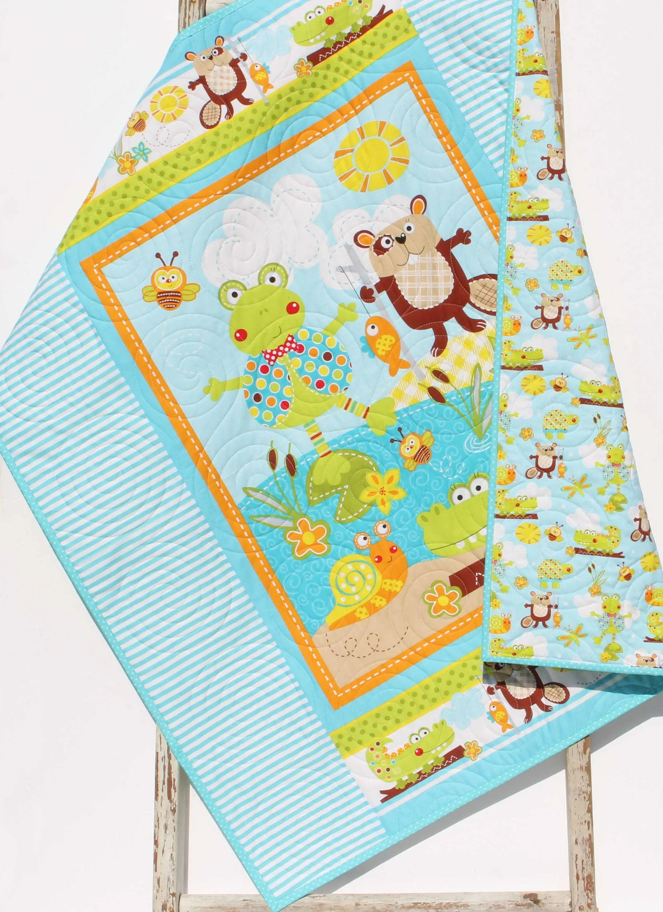 Homemade Baby Quilts, Stroller Blanket, Cute Animals, Frog Beaver Alligator