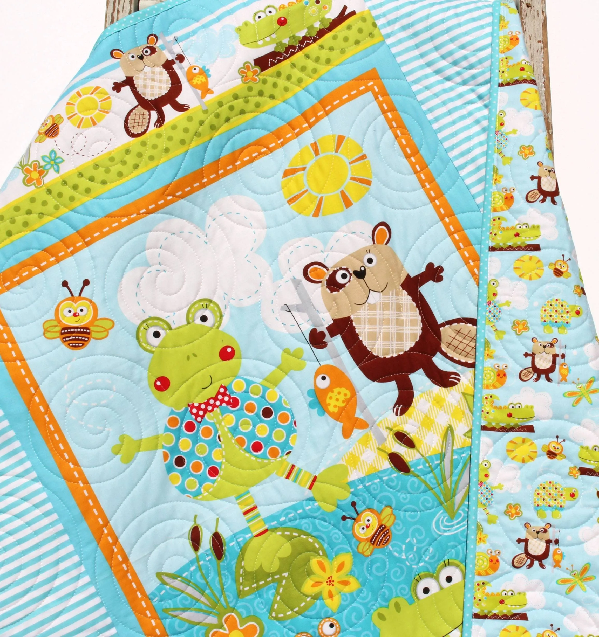 Homemade Baby Quilts, Stroller Blanket, Cute Animals, Frog Beaver Alligator