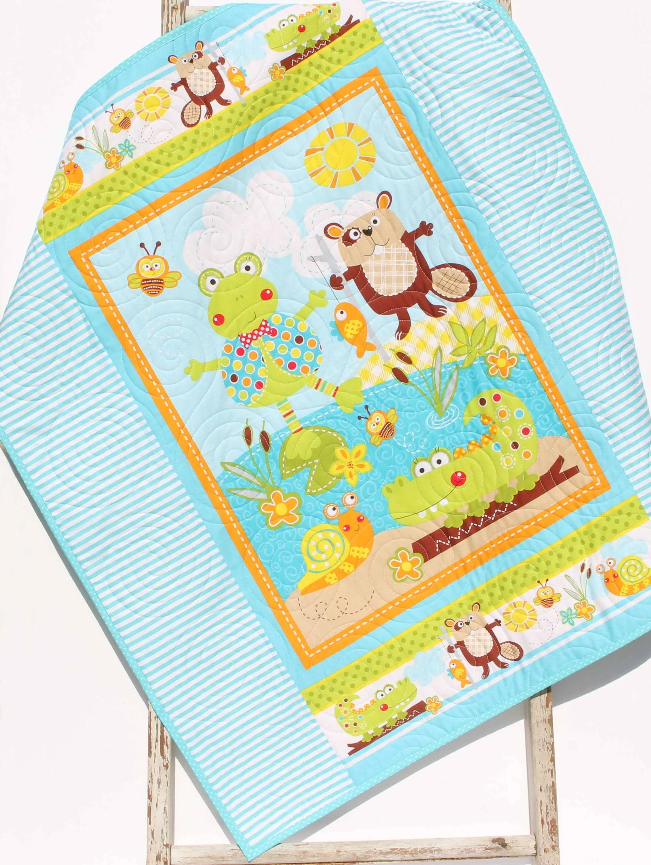 Homemade Baby Quilts, Stroller Blanket, Cute Animals, Frog Beaver Alligator
