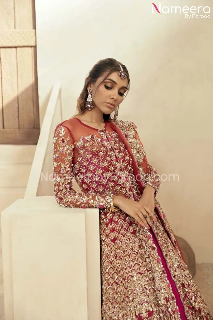 Hot Pink Bridal Lehenga with Front Open Gown Pakistani #BS592