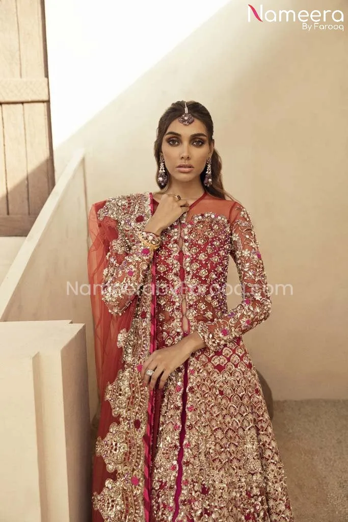 Hot Pink Bridal Lehenga with Front Open Gown Pakistani #BS592