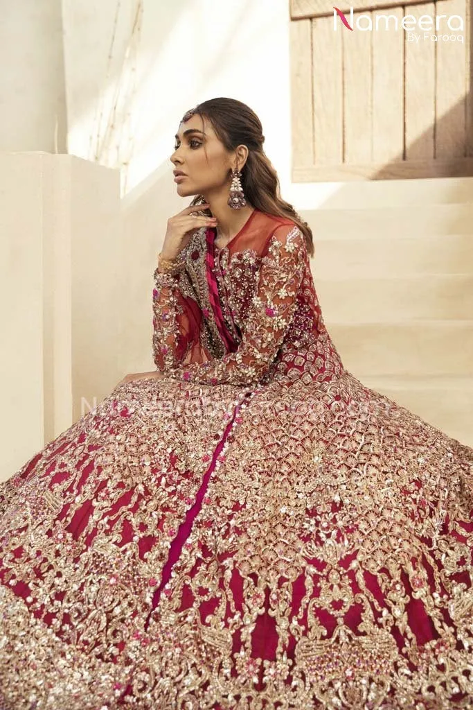 Hot Pink Bridal Lehenga with Front Open Gown Pakistani #BS592