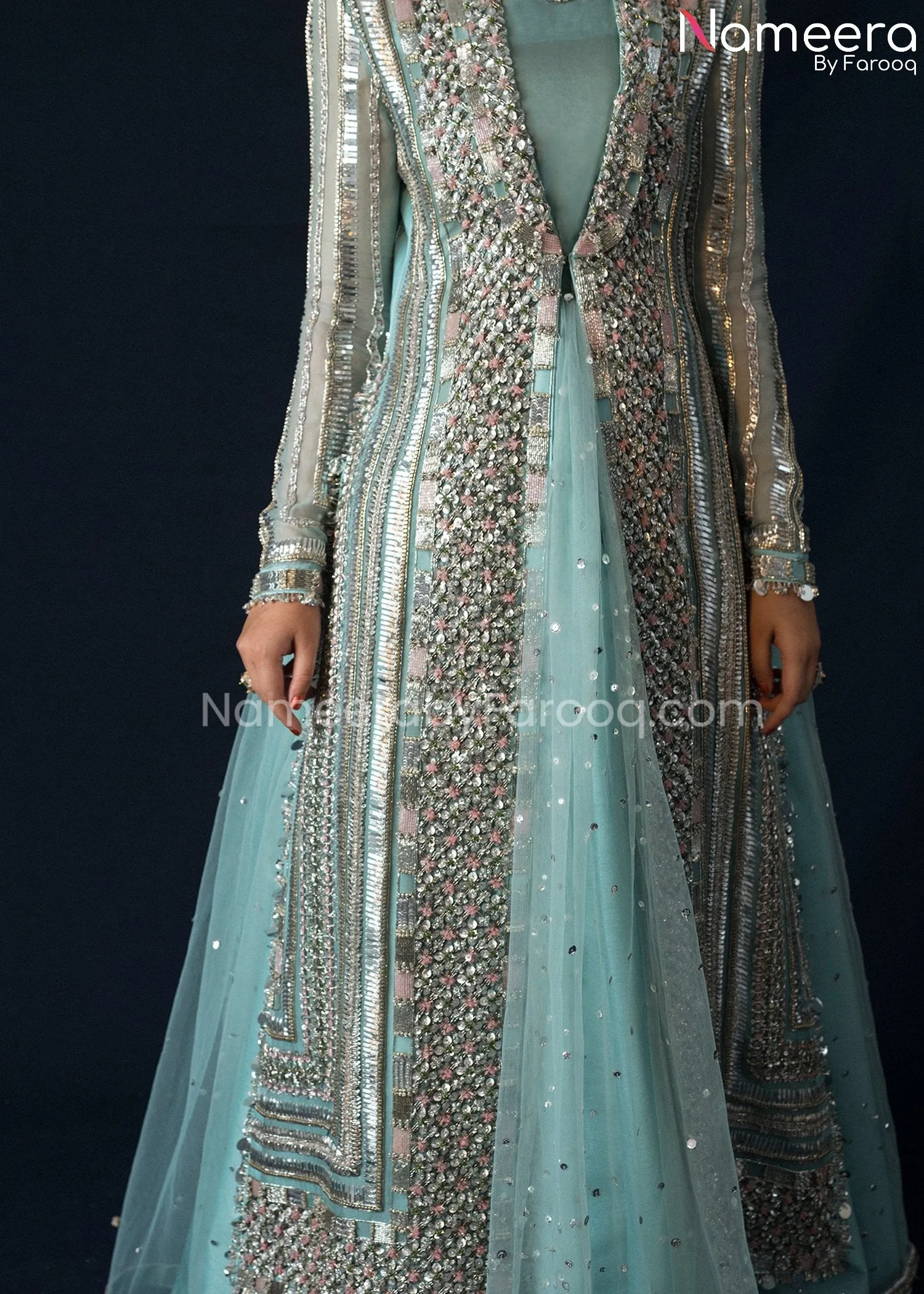Ice Blue Organza Jacket Lehenga Dress in Net #BS628