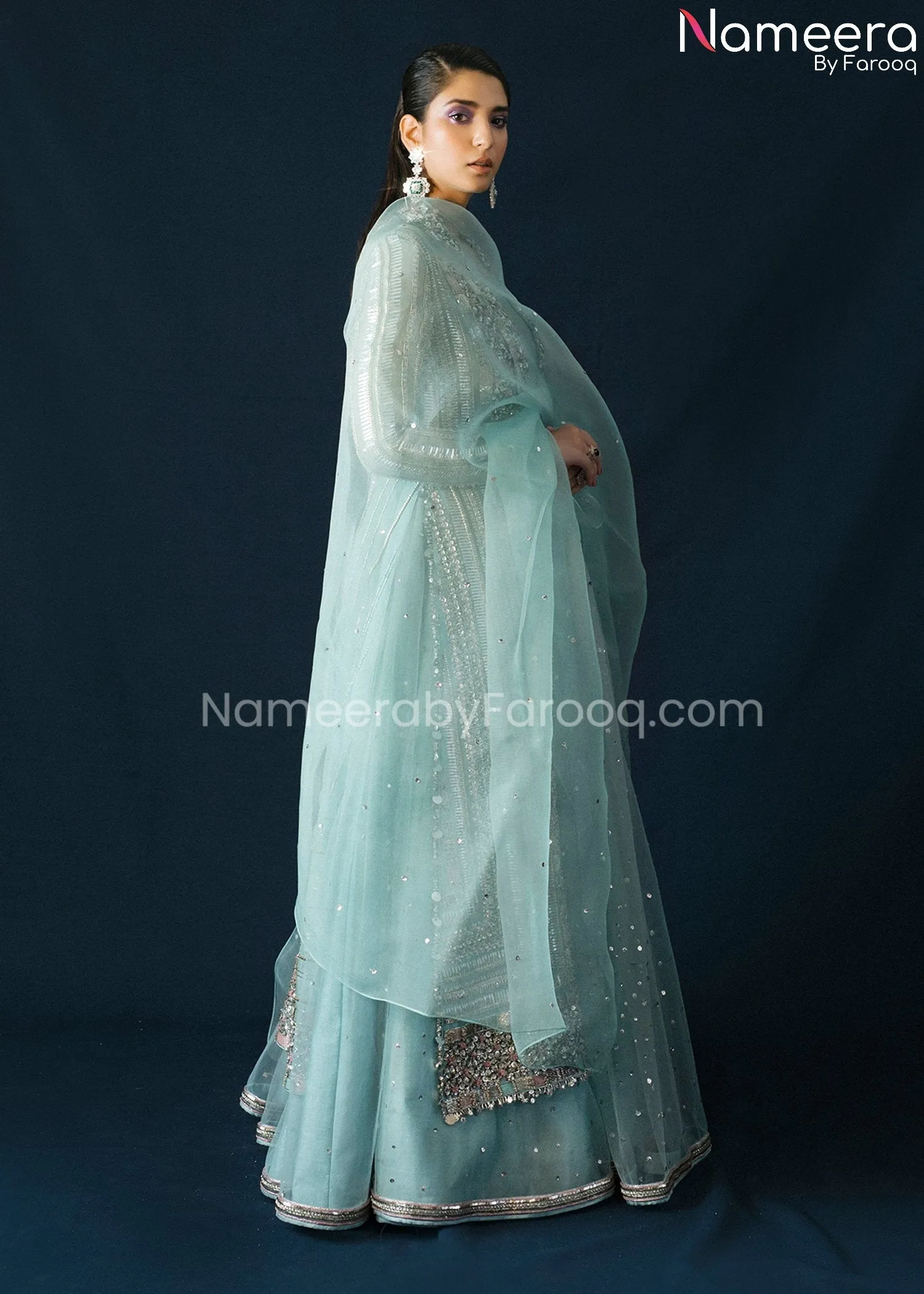 Ice Blue Organza Jacket Lehenga Dress in Net #BS628