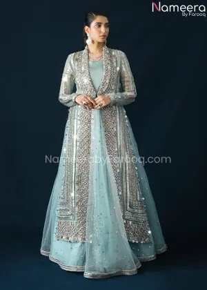 Ice Blue Organza Jacket Lehenga Dress in Net #BS628