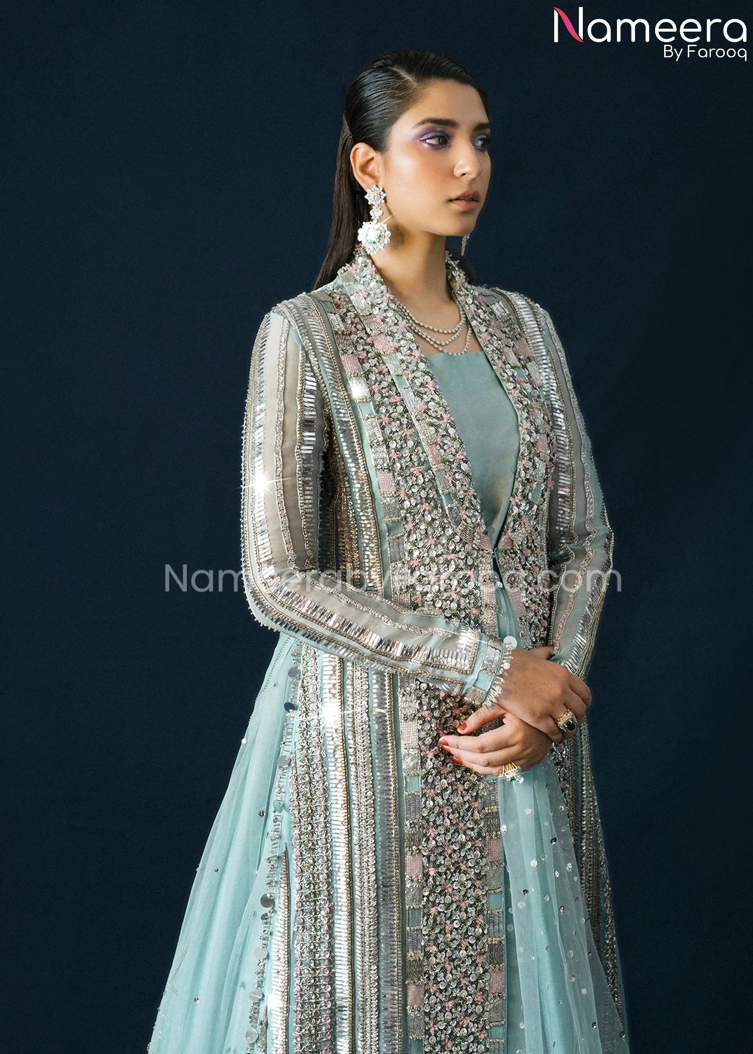 Ice Blue Organza Jacket Lehenga Dress in Net #BS628