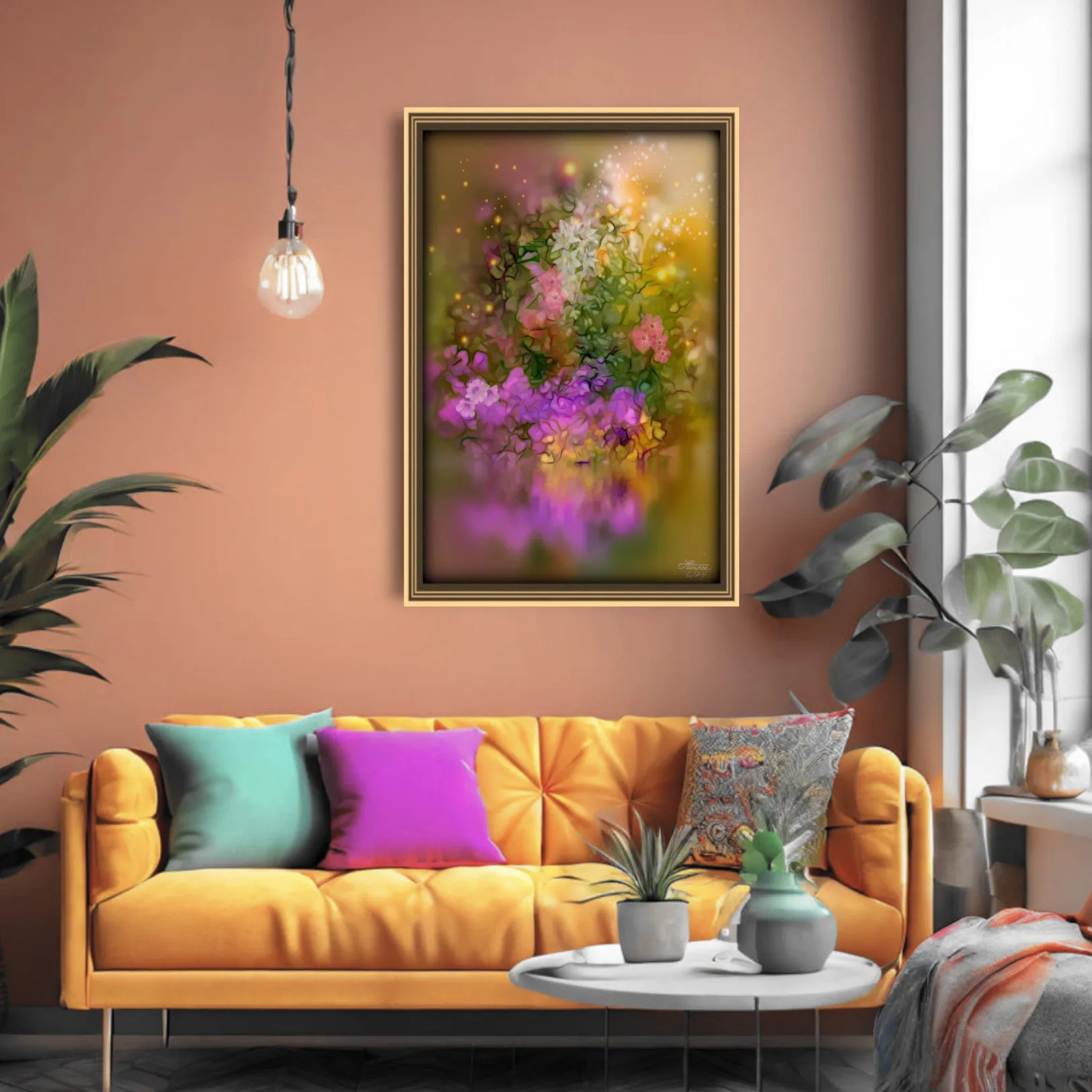 Impressionist Floral Abstract Art Print in Warm Colors, Flowers Reflecting in Water - "Sunset Serenade"